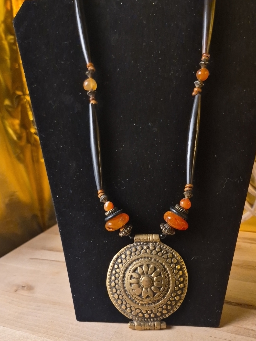 Bohemian Brass Medallion Necklace with Orange Agate Beads